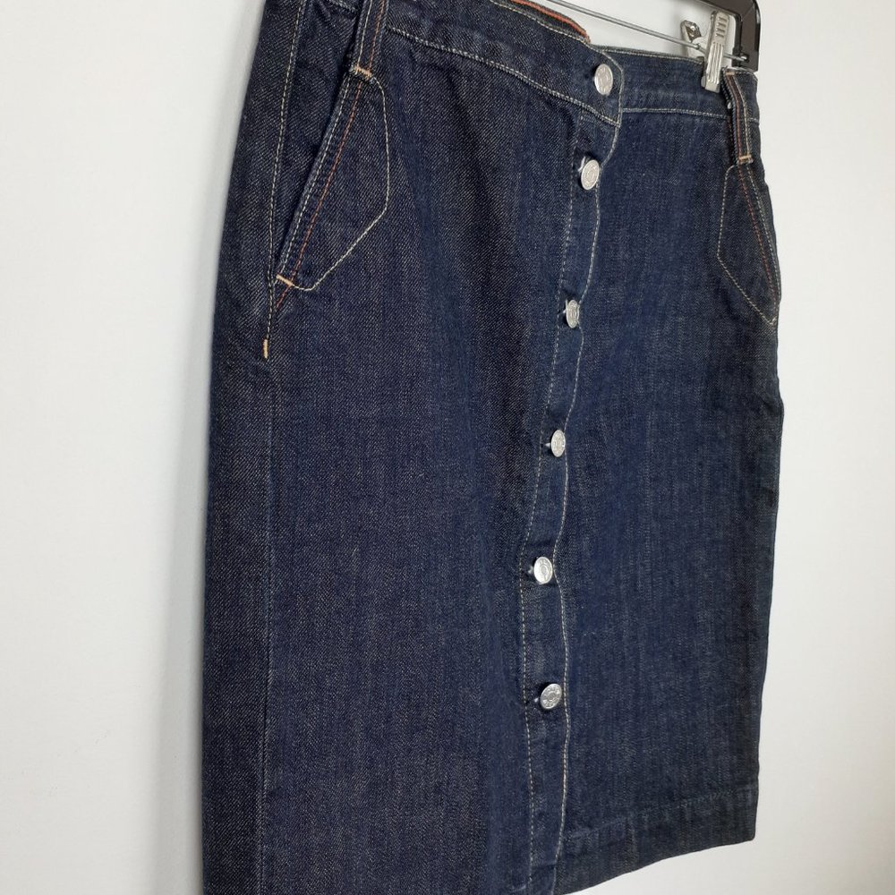 Button Front Denim Pencil Skirt, Size 4. Blue Jean 100% Cotton Minimal J. Crew